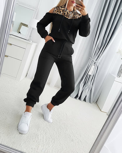 2 Pieces Outfit Sequin Decor Leopard Print Spliced Cold Shoulder Long Sleeve Drawstring Hoodie Sweatshirt and Casual Drawstring Elastic Waist Jogger Sweatpants Set