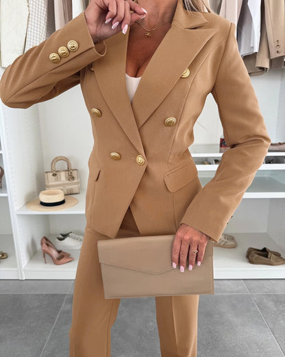 2 Pieces Outfit Notched Collar Double-Breasted Flap Detail Coat and Zipper Fly Elastic Back Waist Slim Fit Flared Pants Set Casual Blazer Set