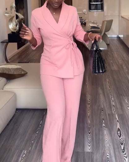 2 Pieces Outfit Overlap Shawl Collar Lace-up Side Cinched Waist Coat and Elastic Back Waist Wide Leg Pants Set Casual Blazer Set