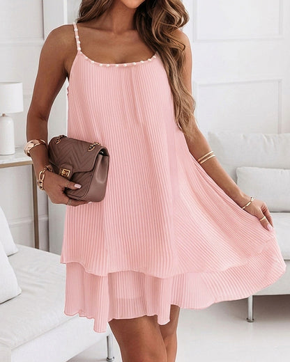 Women's Pearls Embellished Straps Mini Dress Backless Pleated Dress Casual Double Layer Lettuce Trim Cami Sun Dress