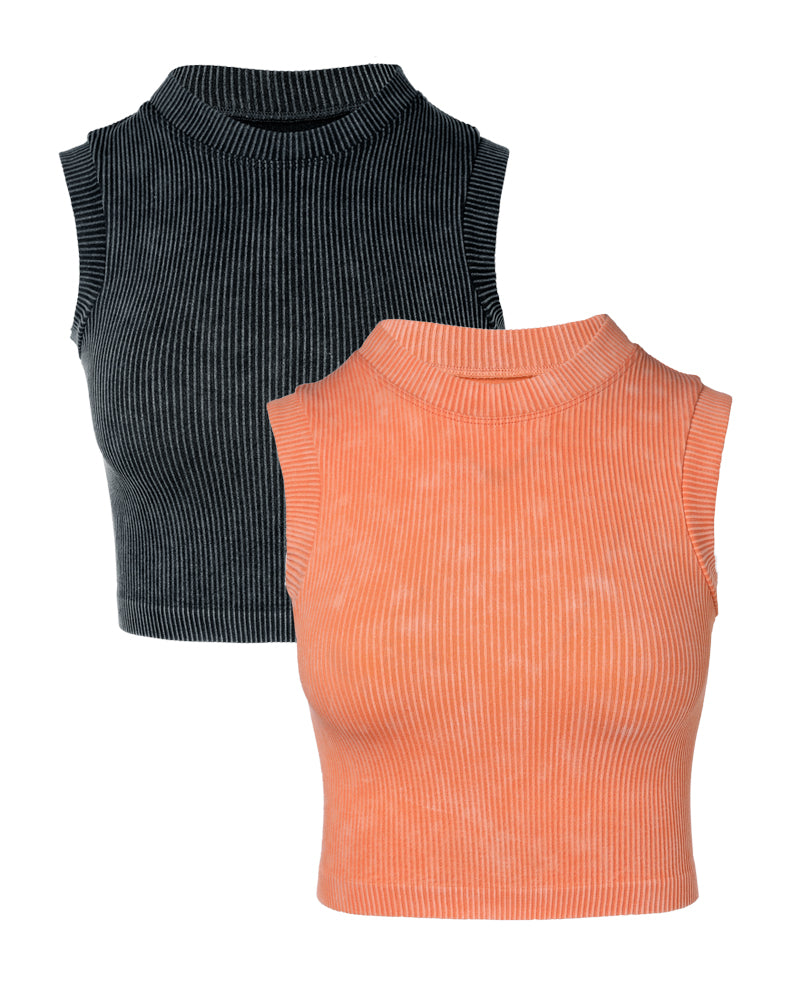 2-Pack Women's Washed Knit Tank Top Ribbed Sleeveless O-neck Cropped Tee Retro Casual Layering Top