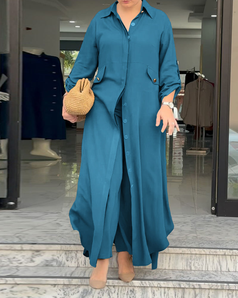 2 Pieces Outfit Turn-down Collar Turn-Up Sleeves Button Front Asymmetrical Hem Longline Blouse and Casual Elastic Waist Wide Leg Pants Set