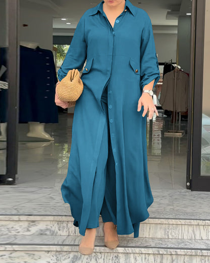 2 Pieces Outfit Turn-down Collar Turn-Up Sleeves Button Front Asymmetrical Hem Longline Blouse and Casual Elastic Waist Wide Leg Pants Set
