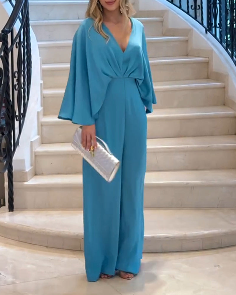 Plunge V Neck Ruched Batwing Sleeve Jumpsuit Casual Wide Leg Romper