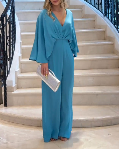 Plunge V Neck Ruched Batwing Sleeve Jumpsuit Casual Wide Leg Romper