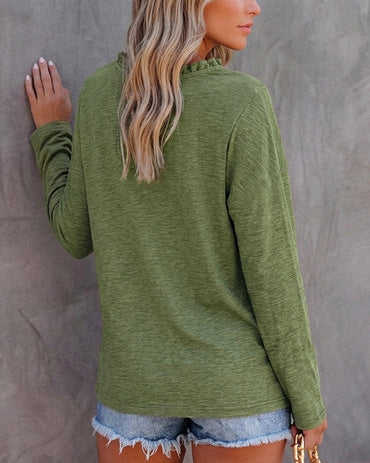 Women's Frill Trim V-Neck Tie Front Loose Long Sleeve Top
