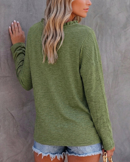 Women's Frill Trim V-Neck Tie Front Loose Long Sleeve Top