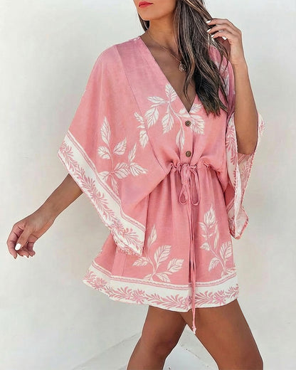 Plants Print V-Neck Bell Sleeve Button Front Mini Dress Casual Drawstring Waist Vacation Dress