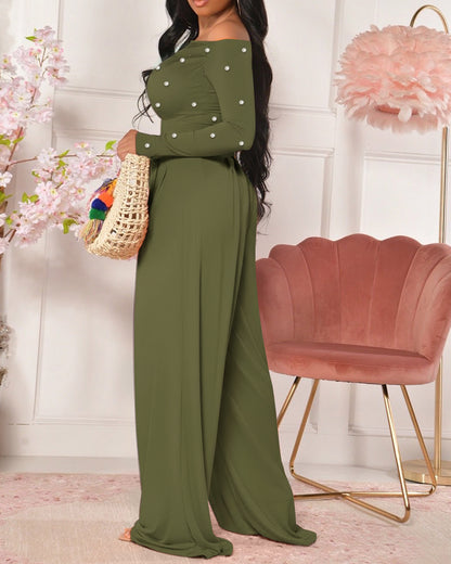 Pearls Decor Skew Neck Long Sleeve Cinched Waist Overalls Casual Ruched Zipper Back Wide Leg Jumpsuit