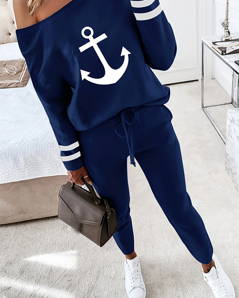 Anchor Print Striped Skew Neck Top & Pants Set