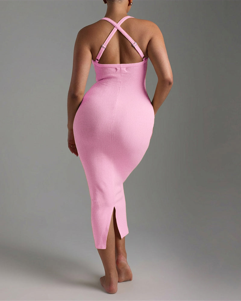 Criss Cross Straps Back Ribbed Mid-length Dress Sexy Slim Fit Backless Slit Back Dress
