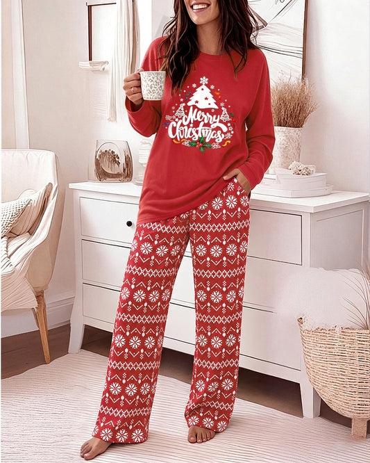 Women's Two Piece Pajamas Set Christmas Tree Slogan Print Top and Fair Isle Print Pants Casual Lounge Set