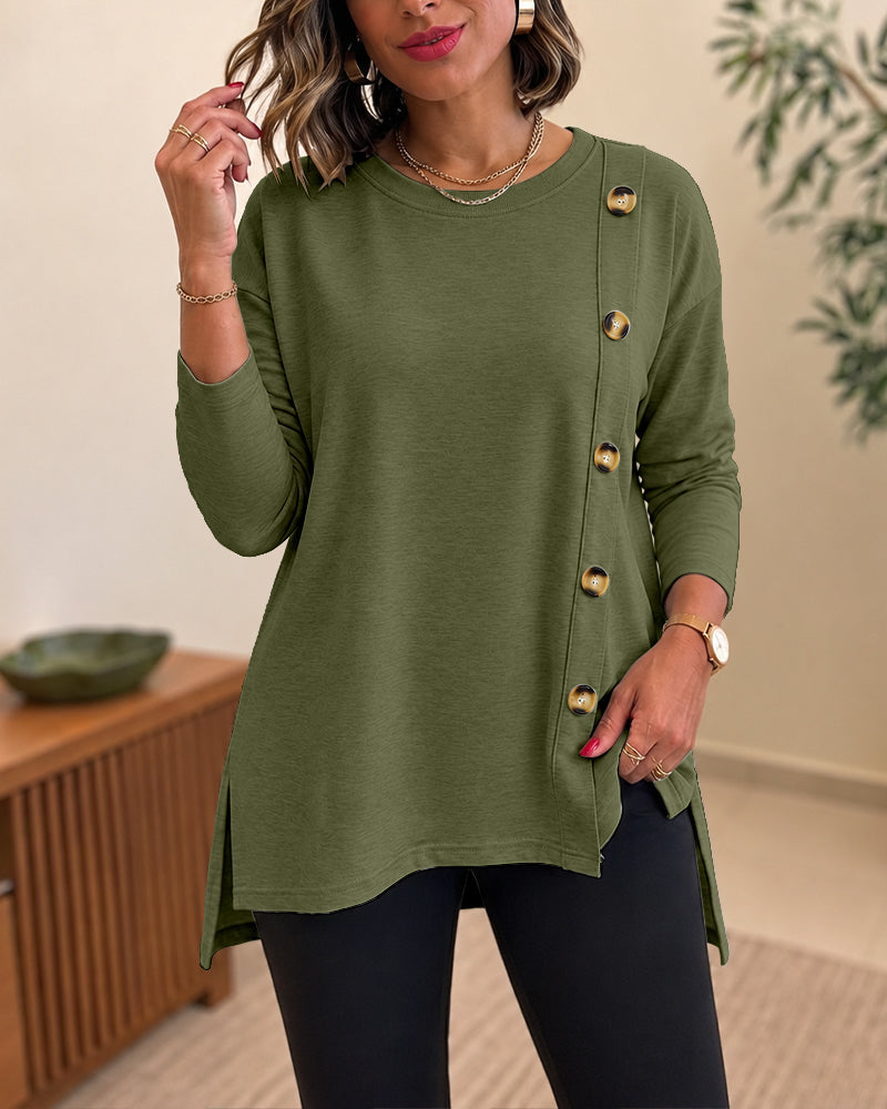 Women's Side Button Detail High-Low Split Hem Loose Tee Drop Shoulder Casual Top