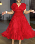 Textured V Neck Sleeveless Ruched Ruffles Hem Dress Casual Waist A Line Party Midi Dress