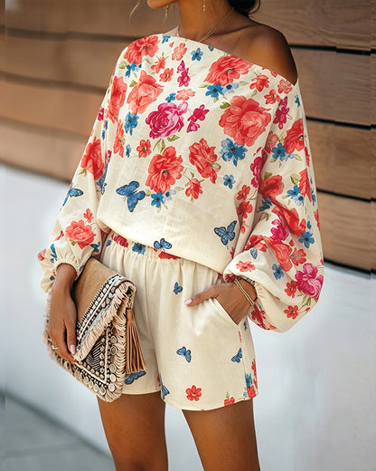 Women's Floral Butterfly Print 2-Piece Set Off-Shoulder Lantern Sleeve Top and High-Waisted Shorts Casual Vacation Outfit