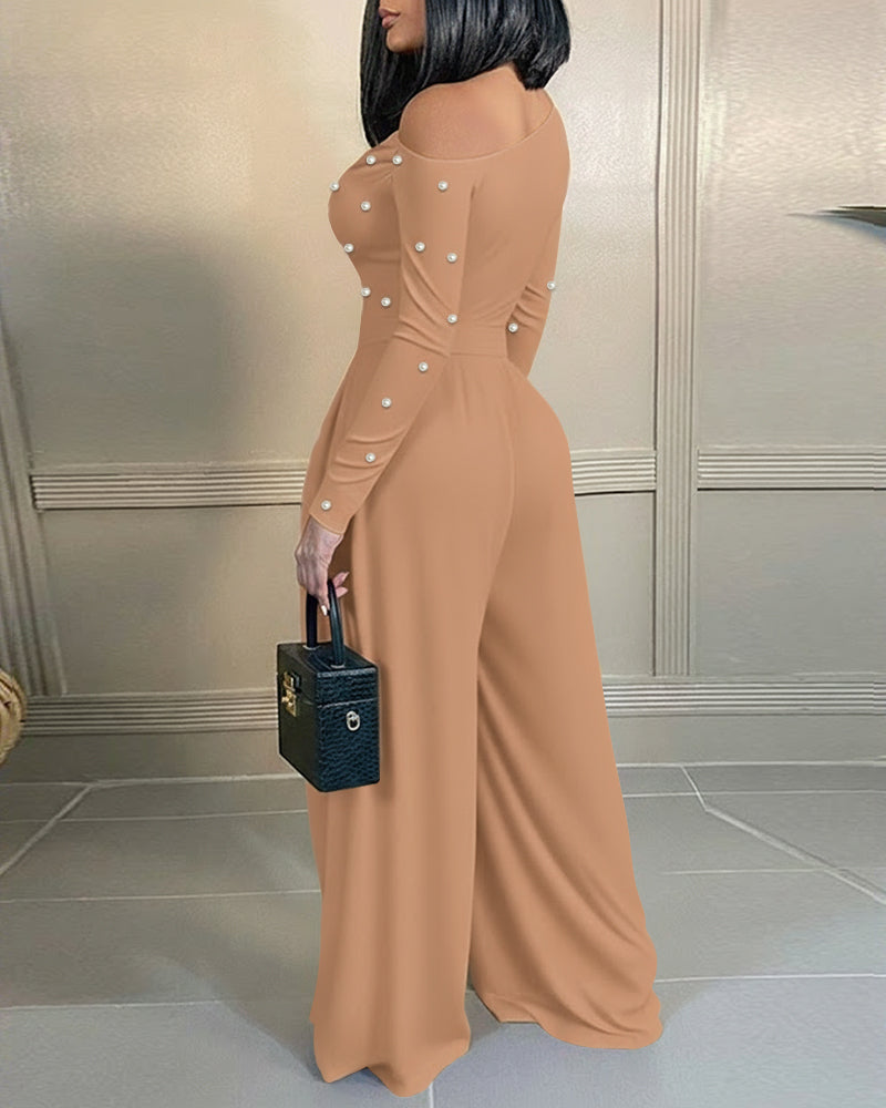 Pearls Decor Skew Neck Long Sleeve Cinched Waist Overalls Casual Ruched Zipper Back Wide Leg Jumpsuit
