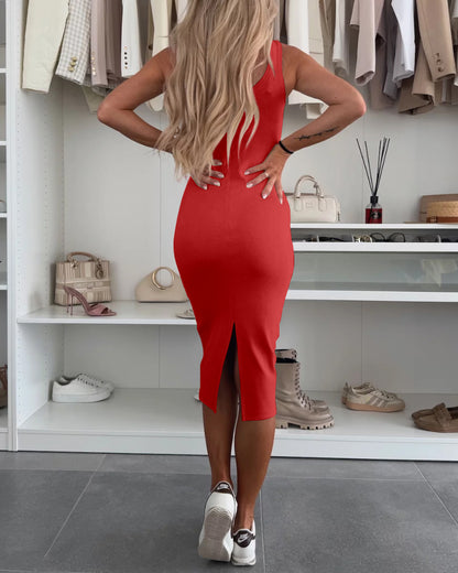 2 Pieces Outfit U-Neck Slit Back Slim Fit Knit Tank Dress and Pearl Button Front Baseball Coat Casual Ribbed Set