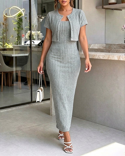 Women's 2 Piece Ribbed Knit Set Short Sleeve Crop Coat and Backless Slim Fit Tank Maxi Dress