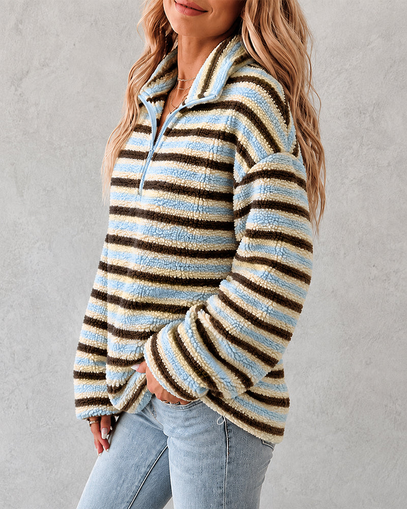 Women's Striped Fleece Sweatshirt Half Zip Fuzzy Sherpa Pullover Top