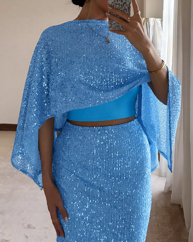 Women's 3 Piece Sequin Set Asymmetrical Poncho Top and High Waist Bodycon Skirt with Crop Cami Top