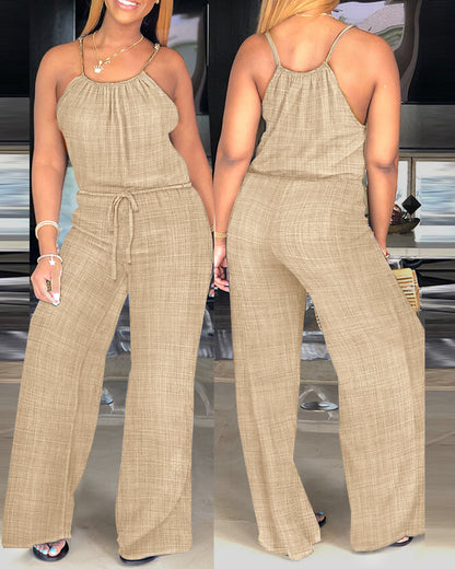 Womens Spaghetti Strap Drawstring Tied Waist Jumpsuit Casual Overalls