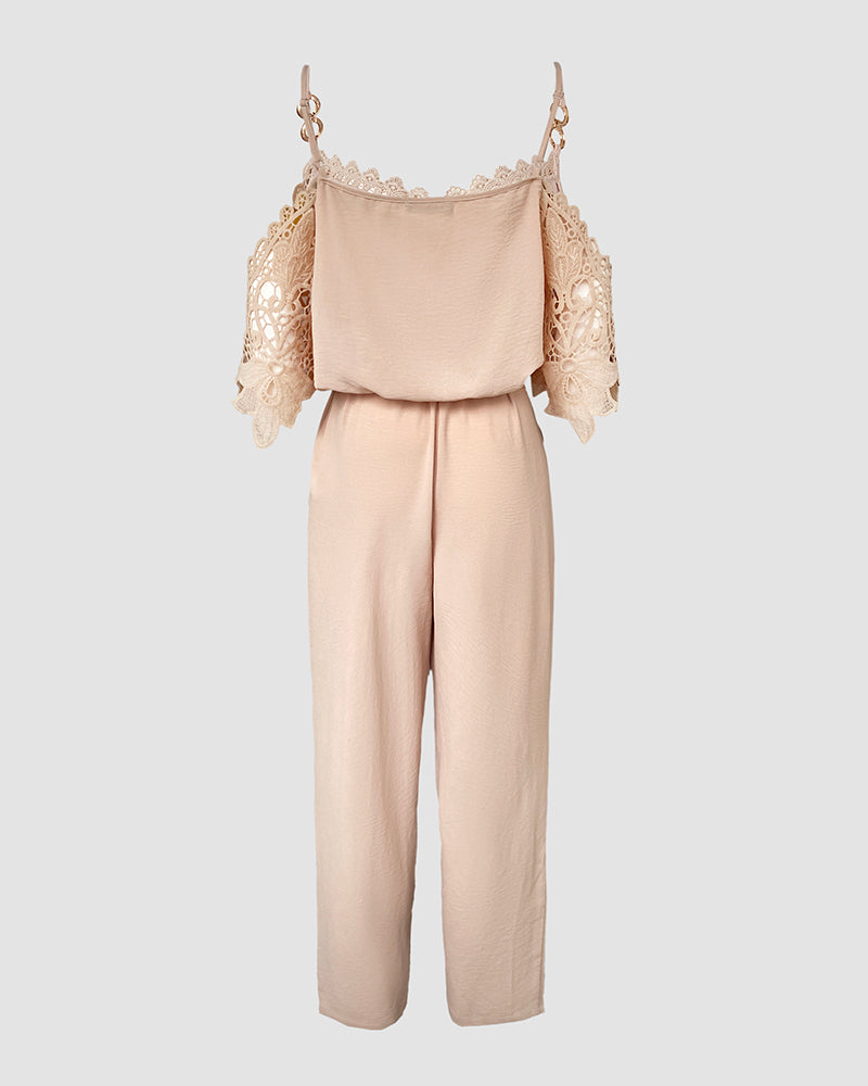 Women's Cold Shoulder Jumpsuit Gold Chain Lace Patchwork Overalls Tapered Leg Jumpsuits with Pockets & Belt