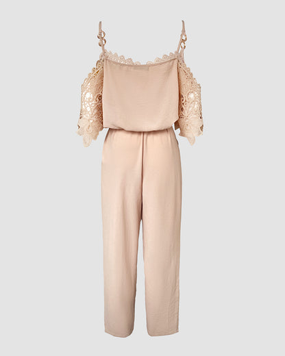 Women's Cold Shoulder Jumpsuit Gold Chain Lace Patchwork Overalls Tapered Leg Jumpsuits with Pockets & Belt