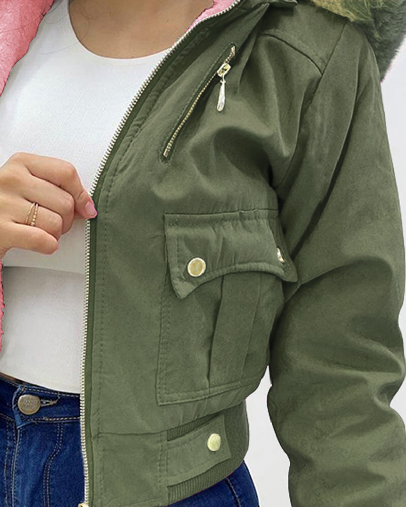Fuzzy Trim Jacket Hooded Zip Up Fleece Lined Coat Outwear with Pockets