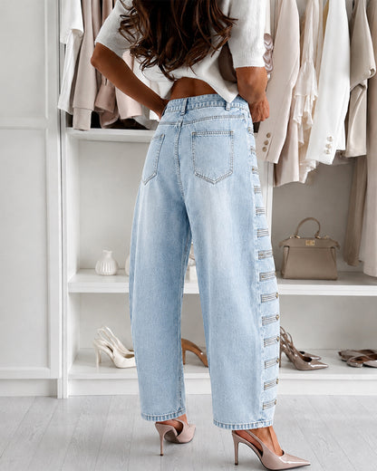 Women's Barrel Jeans High Waisted Side Button Denim Pants Distressed Washed Baggy Trousers Retro Y2K Streetwear
