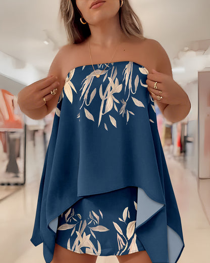 3 Pieces Outfit Off Shoulder Split Sleeve Convertible Shoulder Top and Elastic Back Waist Skorts Set Casual Plants Print Vacation Set with Bandeau