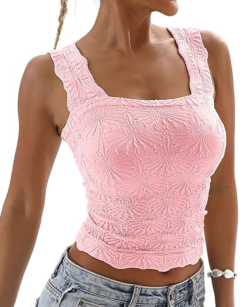 Floral Jacquard Square Neck Thick Strap Crop Tank Casual Sleeveless Top