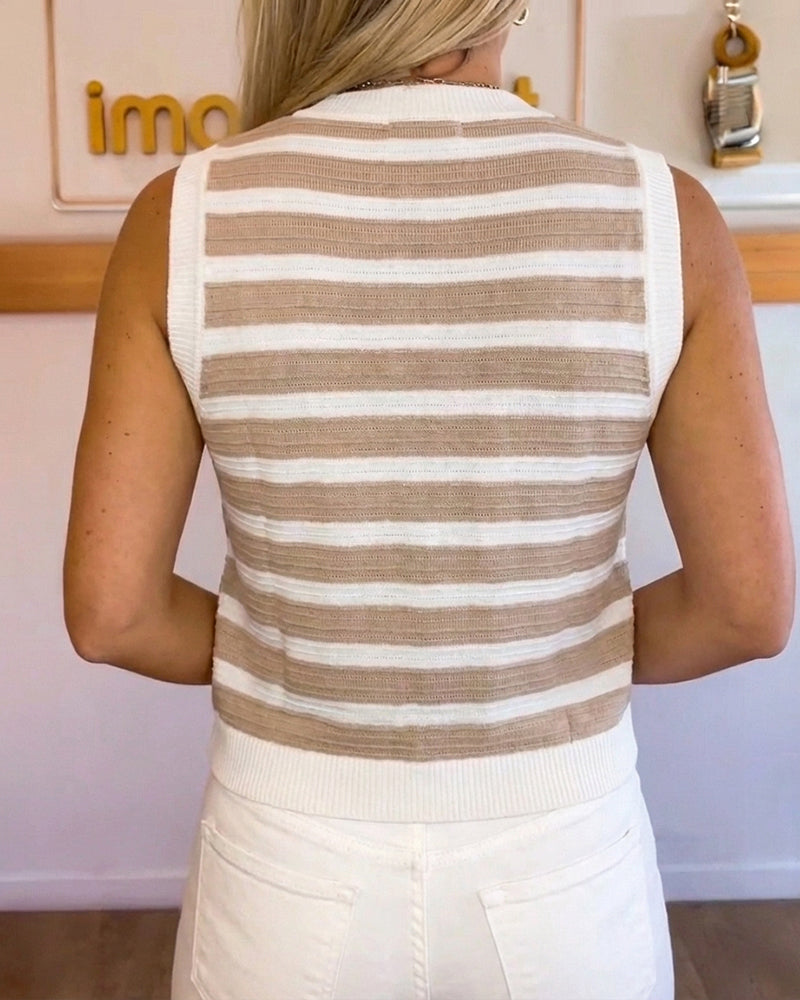 Women's Striped V-Neck Knit Vest Gold Button Sleeveless Sweater Tank Cropped Slim Fit Layering Top