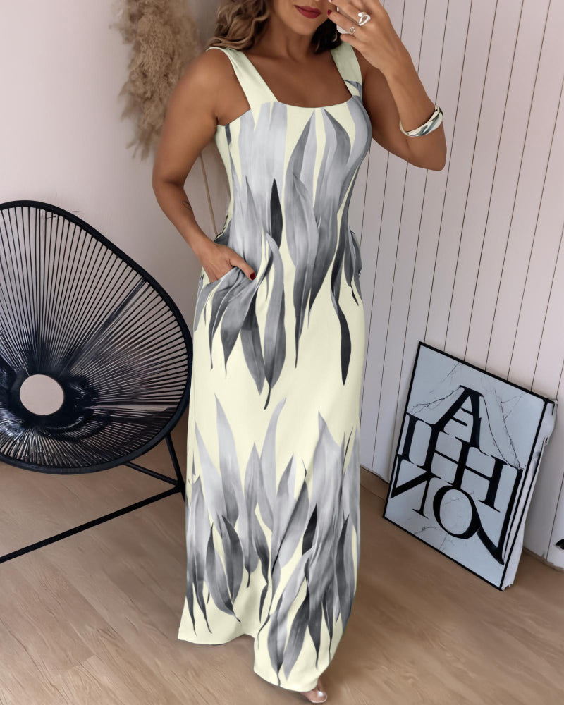 Plants Print Square Neck Thick Strap Maxi Dress Casual Slim Fit Side Slit Vacation Dress with Pockets