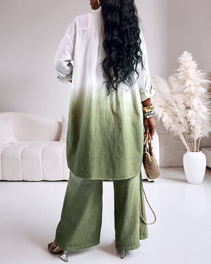 2 Pieces Outfit Ombre Print Long Sleeve Blouse And Casual High Waist Wide Leg Pants Set (Without Belt)