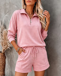 Women's Half Zipper Sweatshirt and Drawstring Shorts Set Casual Stand Collar Pullover Elastic Waist Matching Outfit