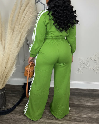 2 Pieces Outfit Stand Collar Zip Up Stretchy Hem Crop Coat and Elastic Waist Wide Leg Pants Set Casual Contrast Side Striped Set