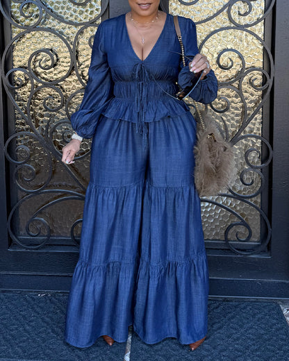 Two-Piece Set Faux Denim Lantern Sleeve Plunge V Neck Lace Up Top and Casua Wide Leg Flared Pants Set