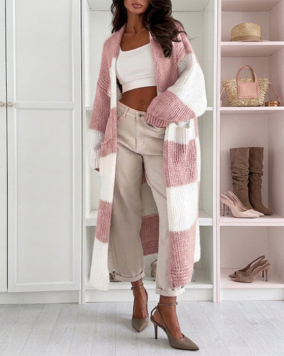 Women's Checkerboard Knit Cardigan Oversized Long Chunky Sweater Loose Lantern Sleeve Coat with Pockets