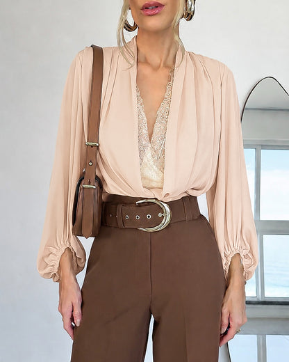 Women's Deep V Neck Lantern Long Sleeve Blouse Wrap Ruched Loose Chiffon Top