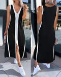 Colorblock Spliced Deep V-Neck Sleeveless Slit Front Dress Casual Loose Fit A Line Dress