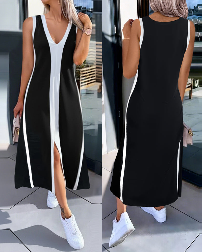 Striped Sleeveless Plunge Neckline Midi Dress with Slit Detail Casual Loose Fit A Line Dress