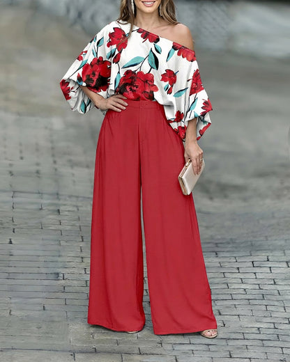 2 Pieces Outfit Floral Print Skew Neck Batwing Sleeve Stretchy Hem Top and Zipper Fly Elastic Back Waist Wide Leg Pants Set Casual Loose Fit Set