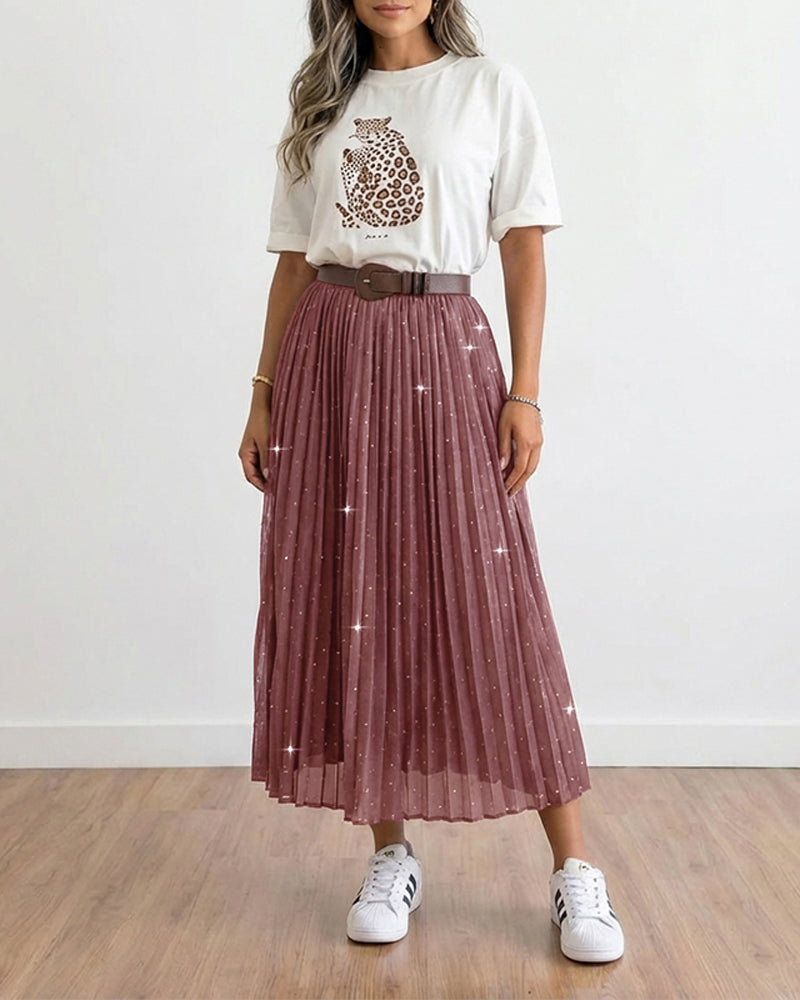 Women's High Waisted Pleated Midi Skirt Rhinestone Embellished A-Line Skirt Sparkling Elastic Waist Party Skirt