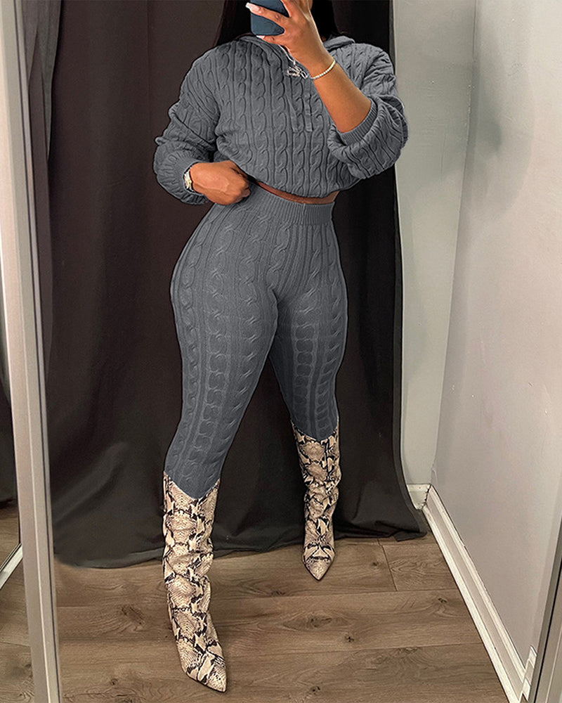 2 Pieces Outfit Long Sleeve Crop Drawstring Hoodie Top And Elastic Waist Slim Fit Pants Set Casual Cable Kint Set