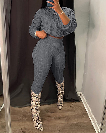 2 Pieces Outfit Long Sleeve Crop Drawstring Hoodie Top And Elastic Waist Slim Fit Pants Set Casual Cable Kint Set