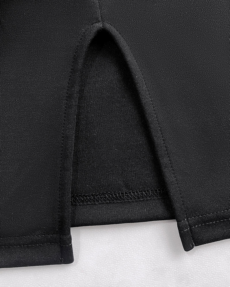 Metal Decor V-Neck Lace Spliced Three Quarters Sleeves Ruffles Design Evening Dress Zipper Back Slit Slim Fit Party Dress with Belt