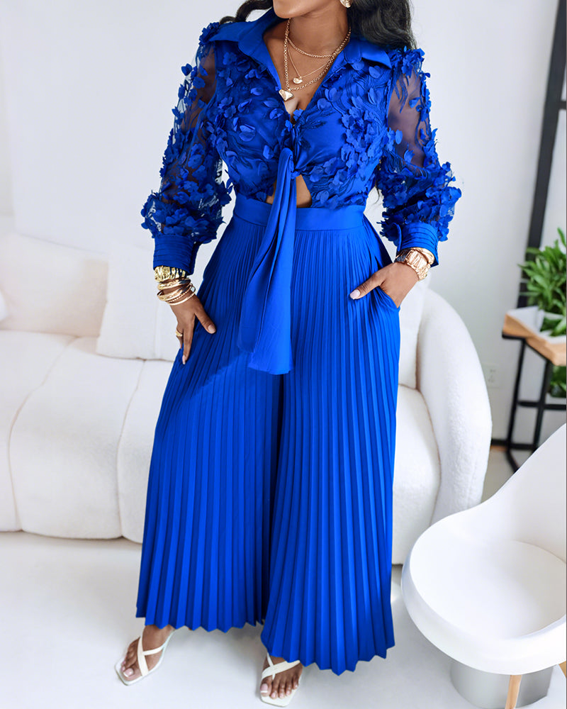 Jacquard Sheer Mesh Patch Turn-down Collar Jumpsuit Elegant Waist Tied Detail Pleated Flare Romper