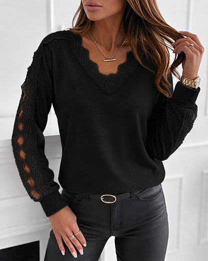 Women's Lace Patchwork V-Neck Top Hollow Out Drop Shoulder Long Sleeve Knit Pullover Elegant Loose Fit Casual Tee