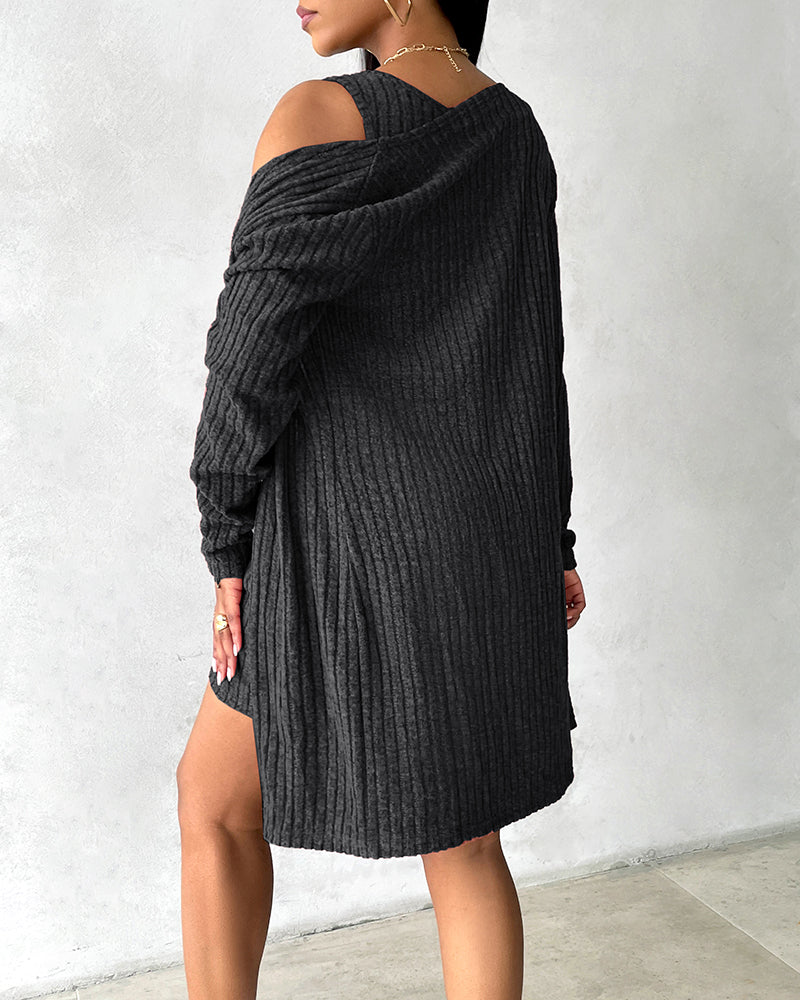 2 Pieces Outfit U-Neck Thick Strap Button Front Slim Fit Ribbed Knit Dress and Casual Long Sleeve Pockets Design Open Front Cardigan Coat Set