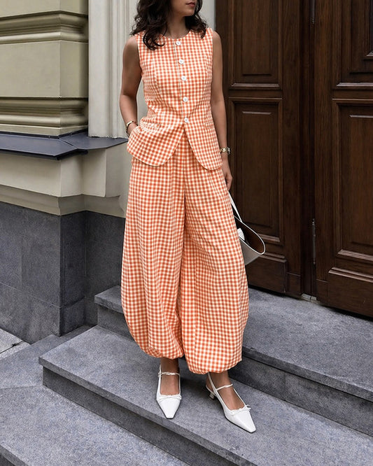 Women's French Vintage Plaid 2 Piece Outfits Sleeveless Button Vest Top and High Waist Lantern Pants Set